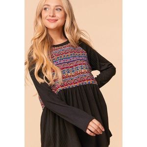 Haptics Printed Yoke Ribbed Babydoll Top